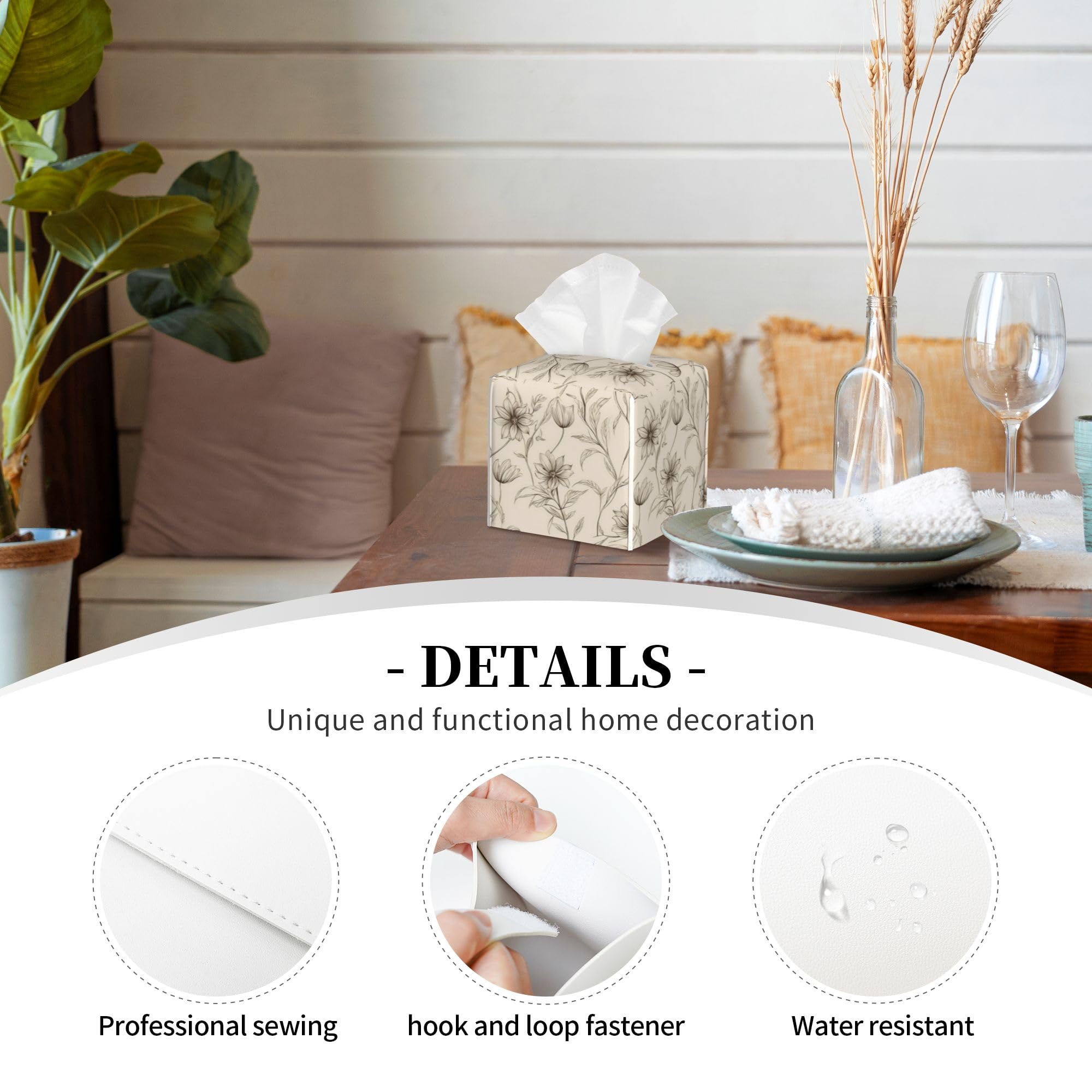 Boho Minimalist Flowers Tissue Box Cover Square, Abstract Line Floral Tissue Box Holder Waterproof Leather Facial Paper Organizer Dispenser for Bathroom Home Car Nightstand Vanity Desk