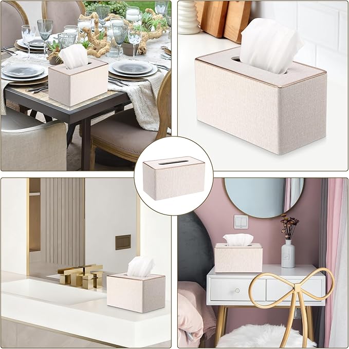 Sumnacon Rectangular Linen Tissue Box Cover - Stylish Tissue Box Holder with Magnetic Bottom, Decorative Tissue Box for Bathroom Toilet Vanity Night Stand Table Countertop Office, Beige Linen Texture
