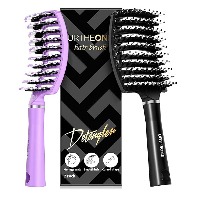 Hair Brush,URTHEONE Detangling Hairbrush Boar Bristle Curved Vented Hair Brush for Women Men Kids Curly Thick Long Short Wet or Dry Hair, Faster Blow Drying(2Pack, Black&Purple）