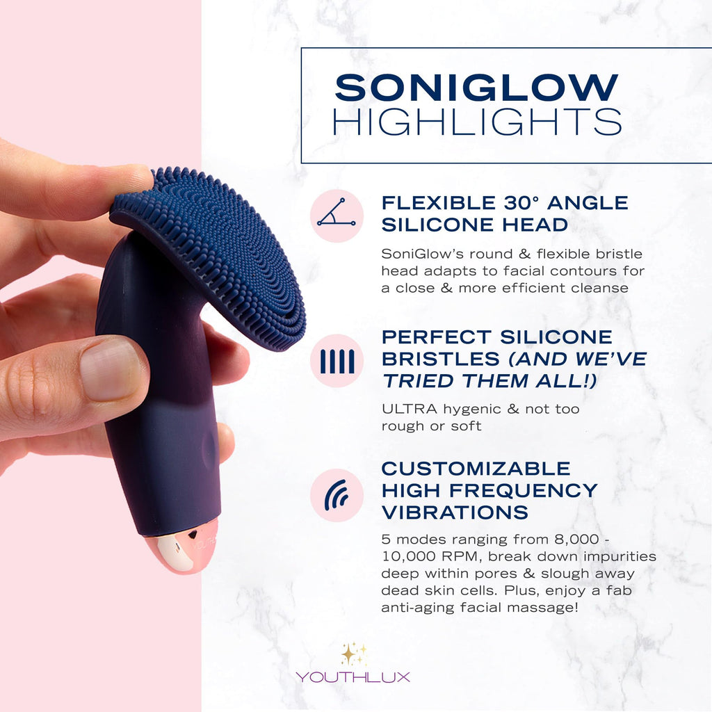YOUTHLUX SoniGlow Silicone Face Scrubber/Facial Cleansing Brush – Electric Vibrating Skincare Scrubber Tool for Deep Pore Cleansing, Gentle Massage, Makeup Removal, Waterproof and Rechargeable (Navy)