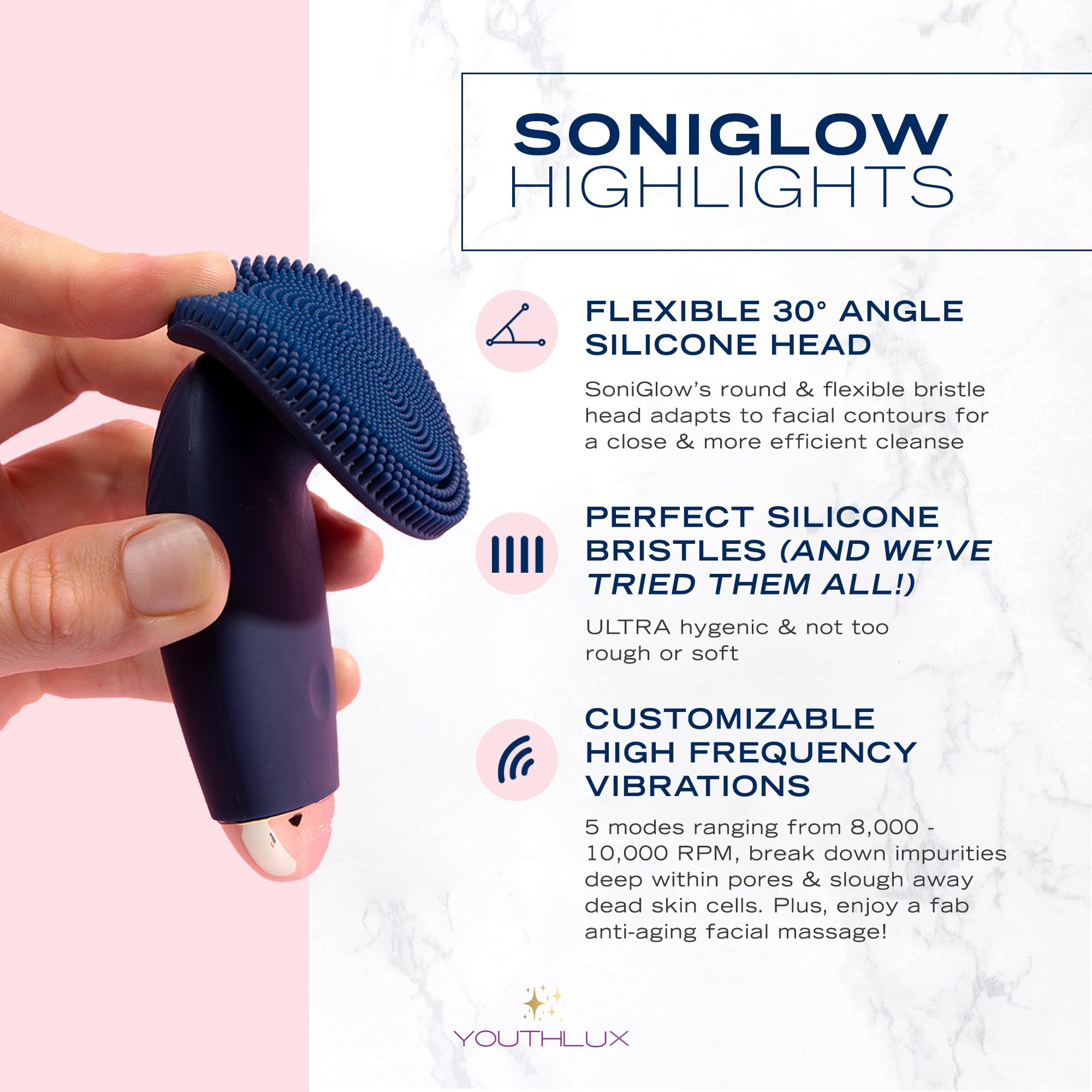 YOUTHLUX SoniGlow Silicone Face Scrubber/Facial Cleansing Brush – Electric Vibrating Skincare Scrubber Tool for Deep Pore Cleansing, Gentle Massage, Makeup Removal, Waterproof and Rechargeable (Navy)