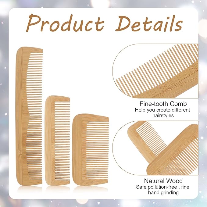 3 Pcs Wooden Comb, Fine Tooth Combs for Women, Anti-Static Wood Combs for Men, Natural Bamboo Comb, Family of Hair Comb Set for Straight Hair, Curly Hair, Beard