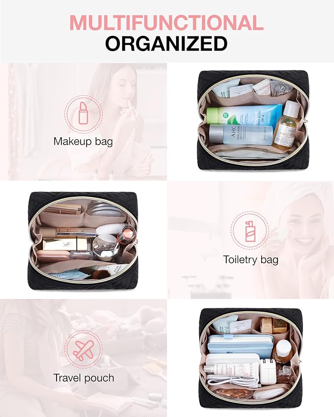 BAGSMART Small Makeup Bag, Compact Cosmetic Pouch for Women for Purse, Travel Toiletry Organizer with Wide Open Design, Black