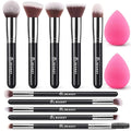 BEAKEY Makeup Brushes Set, Professional Foundation Eyeshadow Concealer Blush Powder Bronzer Applicator, 2 Blender Sponge with Beauty Paper Case