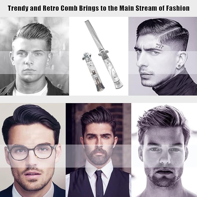 Folding Pocket Comb, Stainless Steel Beard Comb for Men, Switchblade Fine Tooth Mustache Combs Designed for Hair Salon Beauty Tool (Milky)