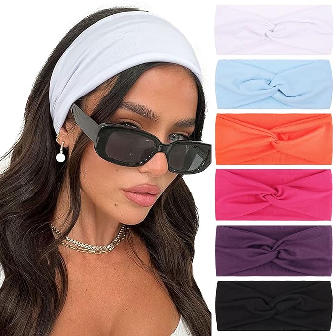 XTREND 6 Pcs Women's Headbands Twisted Cross Elastic Head Bands Yoga Workout Hairbands Non-Slip Sweat Soft Headband Solid Color Simple Versatile Hair Accessory Head Band