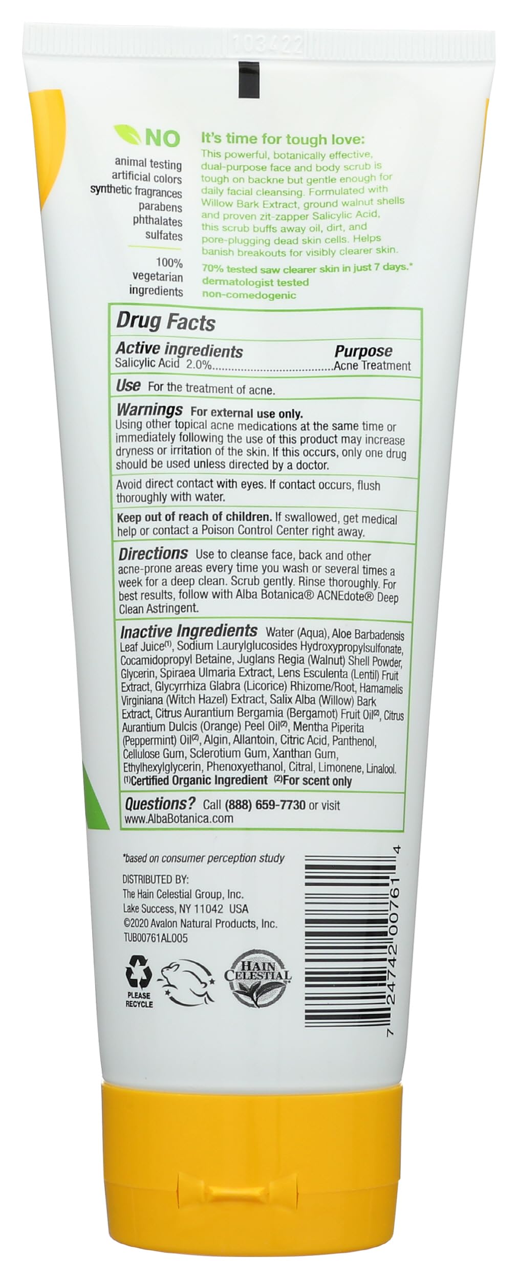 Alba Botanica Acnedote Maximum Strength Face & Body Scrub for Acne Treatment, Blackhead Scrub, 8 Oz