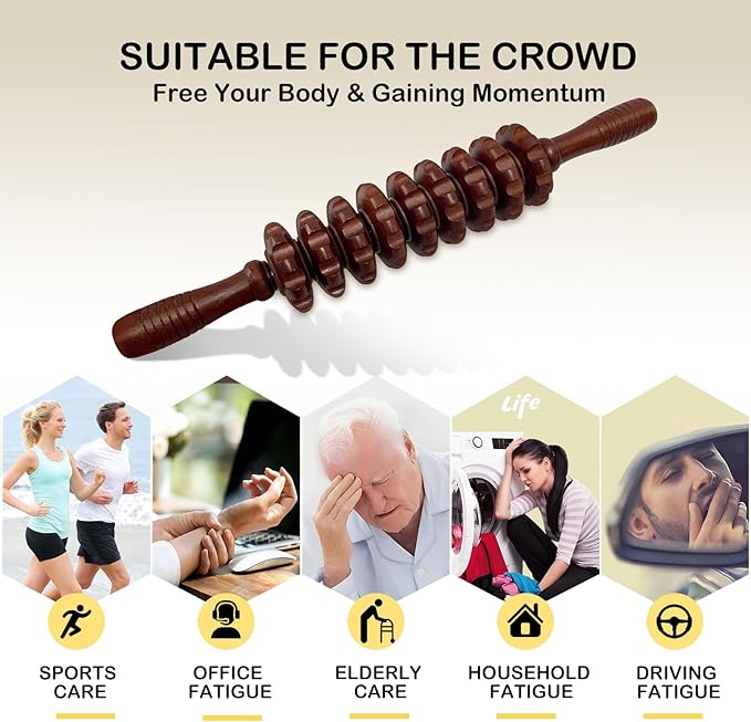 Deston Manual Massager Wooden Handheld Roller Trigger Point Massage Stick for Fascia, Cellulite, Muscle & Abdomen, Body Therapy Massager, Muscle Belly Relief Tool, Coffee