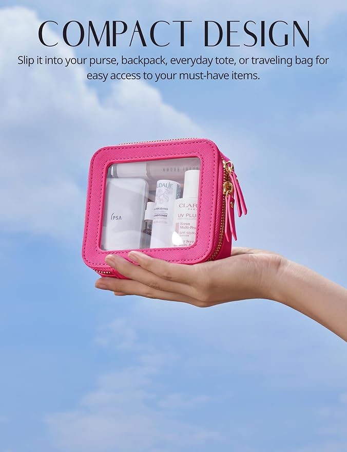 Popvibe Clear Makeup Case Toiletry Bag Travel Medium Clear Cosmetic Bag with Zipper, Make Up Bag Organizer Traveling TSA Approved Transparent Bag Car for Essentials, Mini & Medium, Hot Pink