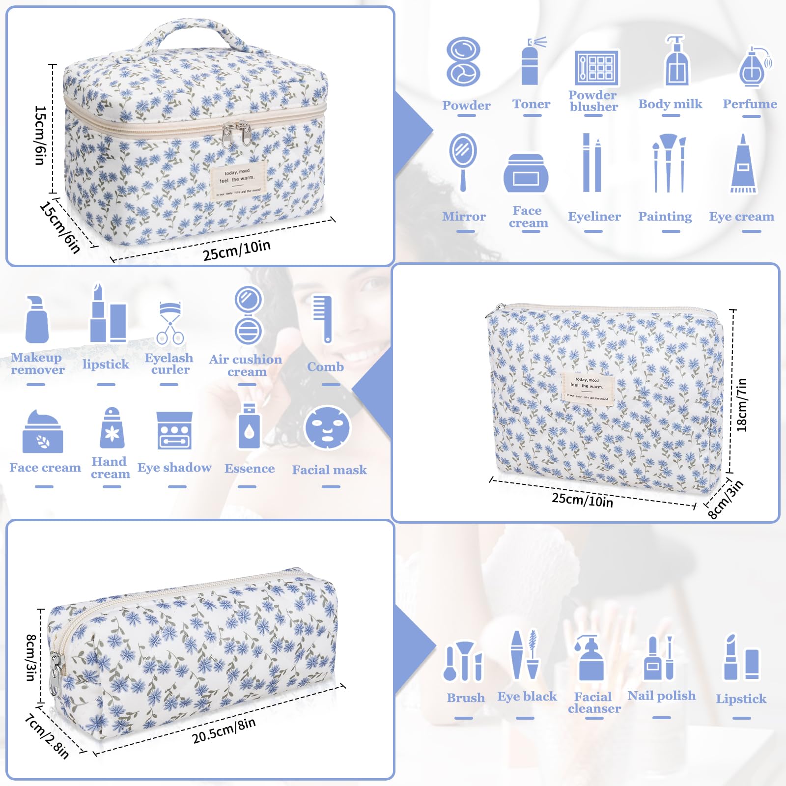 Gosect Makeup Bag Set, Quilted Makeup Bag, Large Floral Cosmetic Bag for Women, Cute Cotton Makeup Bags, Flower Travel Toiletry Organizer Bag (Blue Peacock Flower)