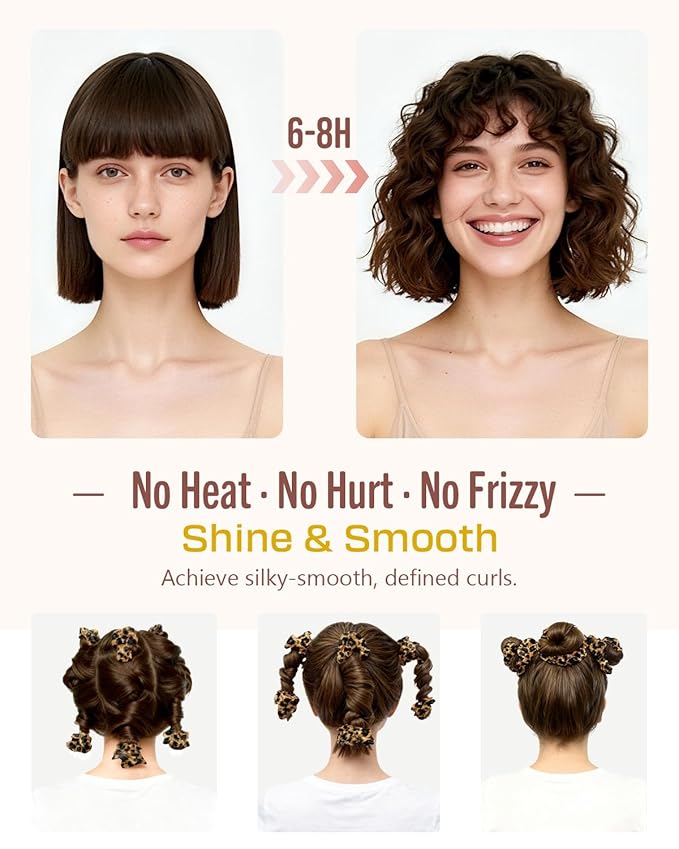 BONNET QUEEN 3 Pack Small Satin Heatless Hair Curler for Short Hair, Heatless Curls Overnight, Hair Curlers to Sleep In, Damage-Free Small Curls with Built-in Scrunchie, Leopard