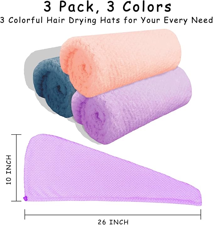 3 Pack Microfiber Hair Towel Wrap for Women, Fast Drying Hair Turban with Button, Anti-Frizz Large Hair Towel for All Hair Styles, Soft & Absorbent Hair Drying Towel(Bule,Purple,Orange)