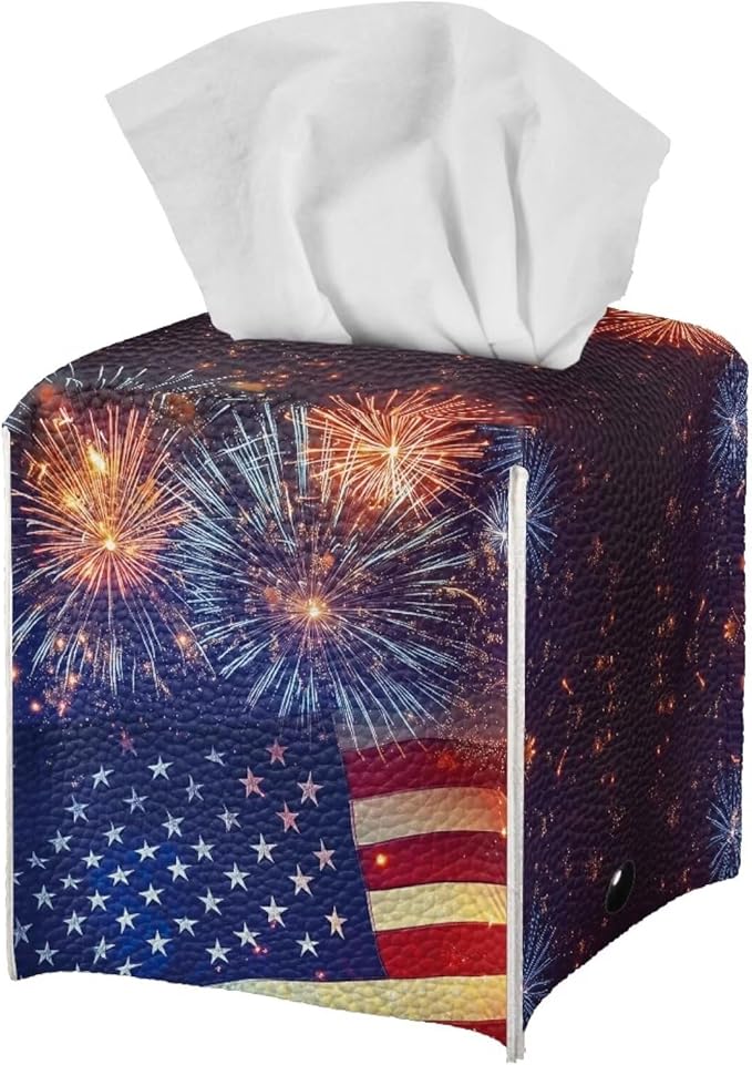 Firework American Flag Tissue Box Holder Square PU Leather Tissue Organizer Case with Metal Button Waterproof Napkin Holder for Home Office Car Automotive Decor