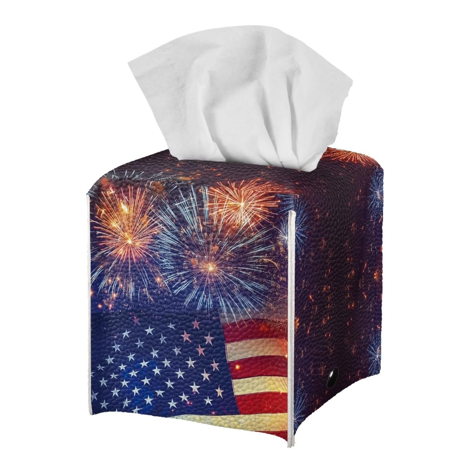 Pzuqiu Firework American Flag Tissue Box Holder Square PU Leather Tissue Organizer Case with Metal Button Waterproof Napkin Holder for Home Office Car Automotive Decor