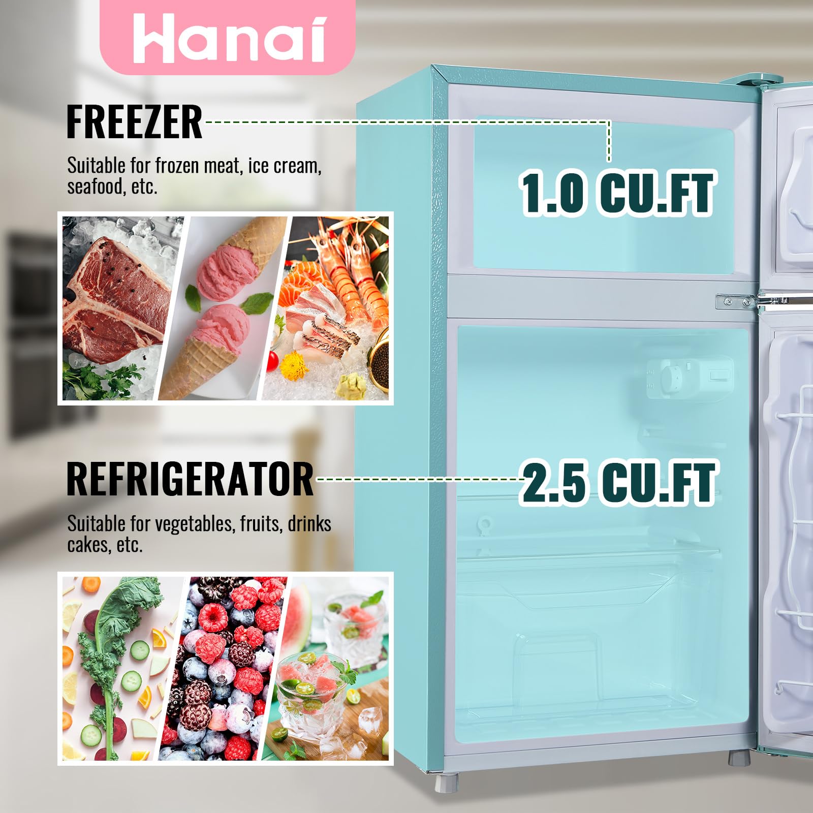 WANAI 3.5 Cu.ft Refrigerators Full-sized Fridge with Freezer Handles Blue Fridge Dual Door Classic Retro Refrigerator Removable Glass Shelves Adjustable Thermostat for Home Office Dorm RV