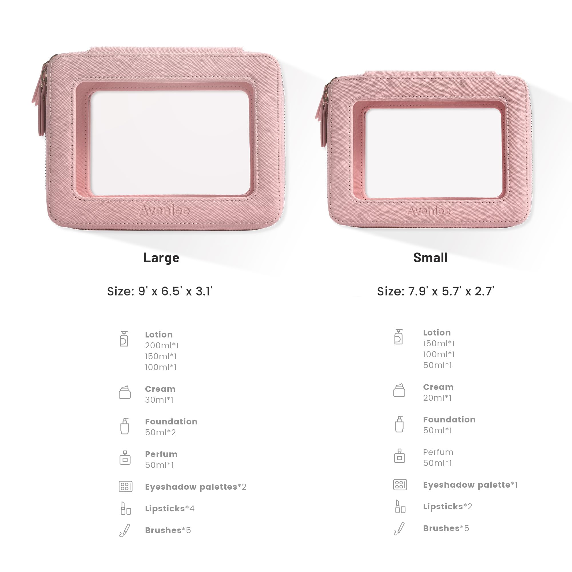 Aveniee Clear Makeup Bag Organizer Set,Portable Travel Toiletry Case for Women, Vegan Leather Cosmetic Pouch Car Bag for Essentials 2pcs,Middle & Large,Pink