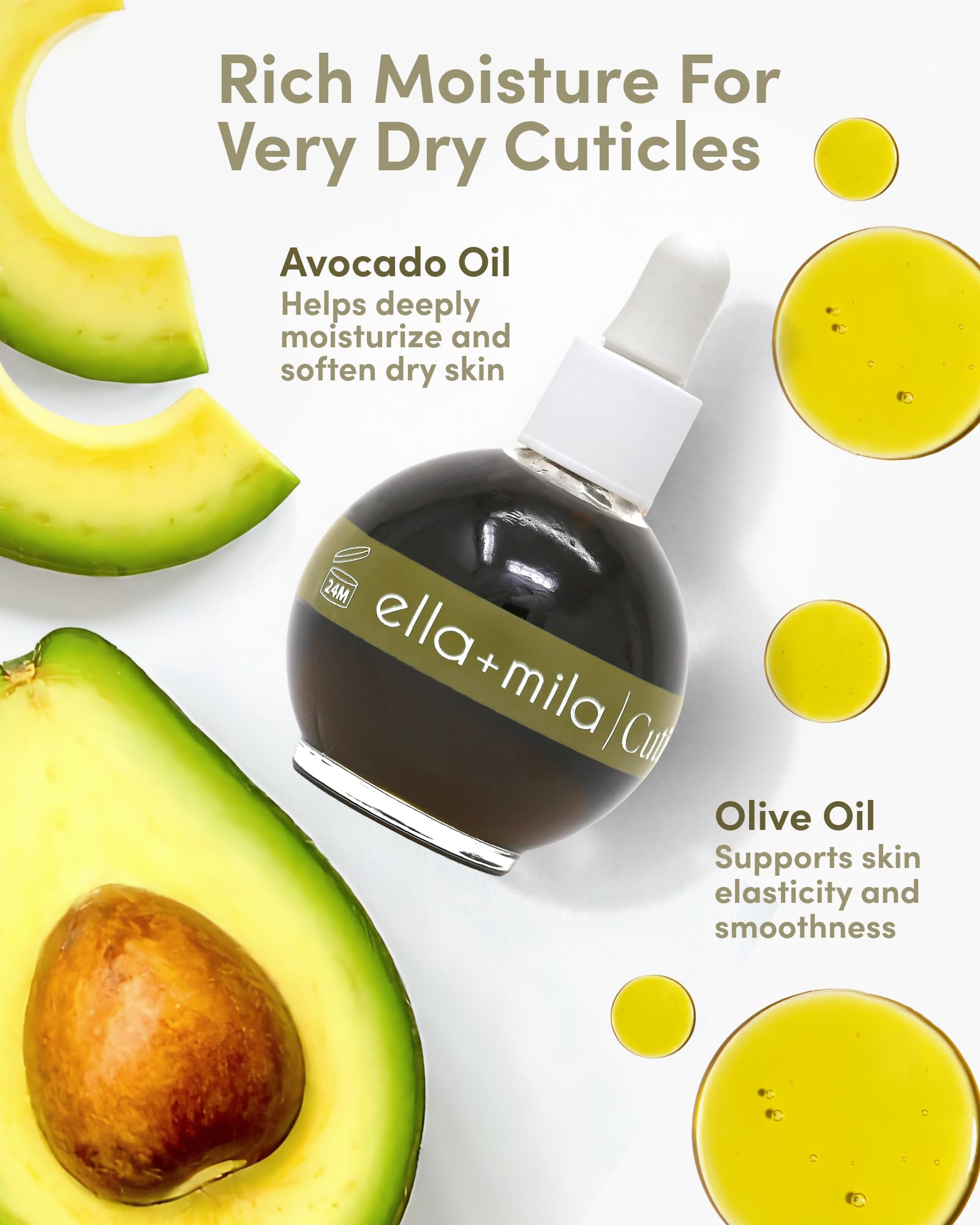 ella+mila Cuticle Oil for Nails - Olive & Avocado, Vegan, 2.3 fl oz