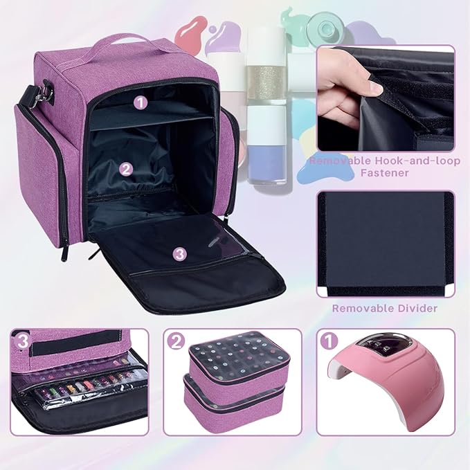 YAHOURWAT Nail Polish Organizer Holds 60 Bottles and a Nail Lamp,Portable Travel Case with 2 Removable Bags and Tools Storage Pockets Purple
