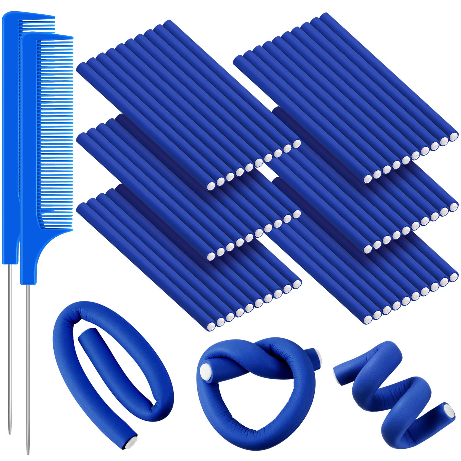 WILLBOND 60 Pieces Flexible Curling Rods Hair Curlers Rollers Twist Flexi No Heat Rods Rollers for Long Short Hair Women(0.3 x 7 Inch,Navy Blue)