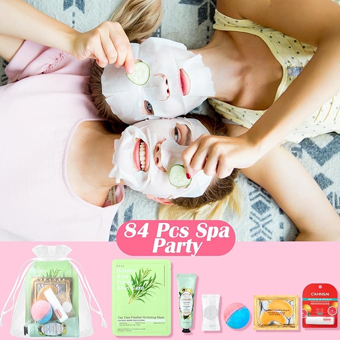 84 Pcs Spa Themed Party Supplies Facial Masks Patches Lip Balm Hand Cream Bombs Compressed Towel Organza Bags Spa Birthday and Sleepover Favors Galentines Day Gift for Women Most Skin Type