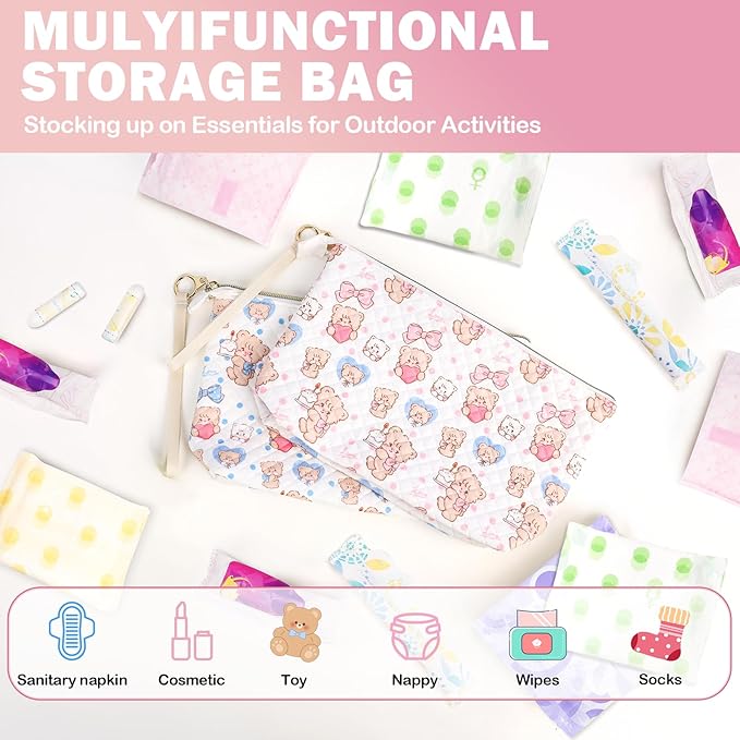 Playexen Period Bag for Teen Girls, Quilted Sanitary Napkin Storage Bag, Cute Bears Menstrual Pad Pouch Tampon Holder (Large-Blue)