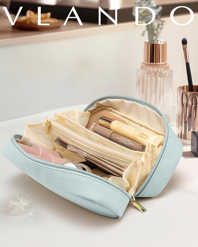 VLANDO Makeup Pouch,Travel Makeup Organizer Bag,Small Makeup Bag Travel Gifts for Women Traveler Birthday Graduation Gift Ideas-Blue