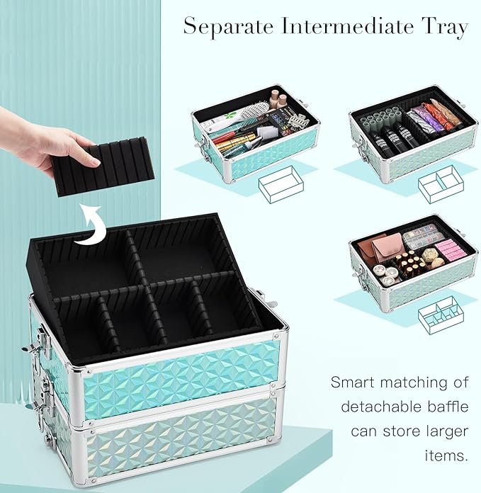Adazzo Professional Rolling Makeup Train Case 4 in 1 Aluminum Trolley Case with 360° Rotation Wheels for Makuep Artist Cosmetic Suitcase Organizer with Lock and Key Diamond Pattern - Turquoise