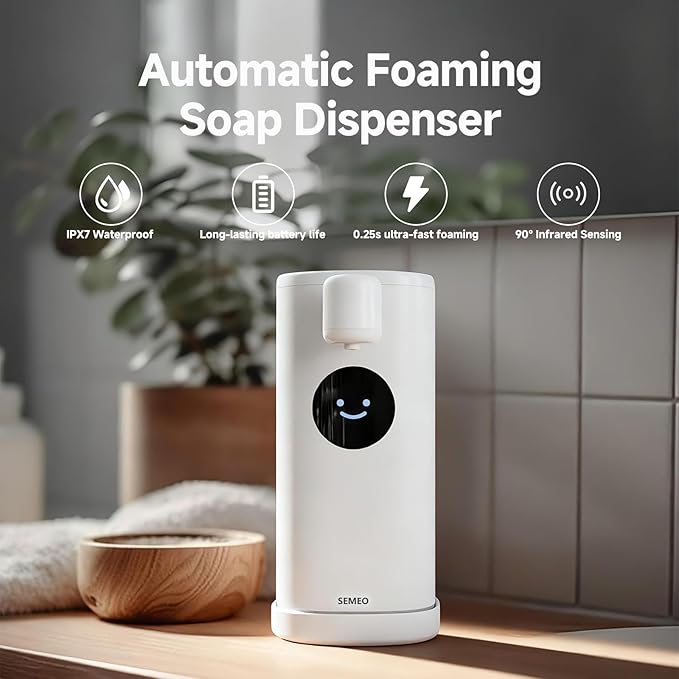 Automatic Foaming Soap Dispenser 350ml Touchless - Smart Hand Soap Dispenser with LED Smile Timer, Type-C Rechargeable 180-Day Battery, IPX7 Waterproof, Wall Mounted for Bathroom & Kitchen