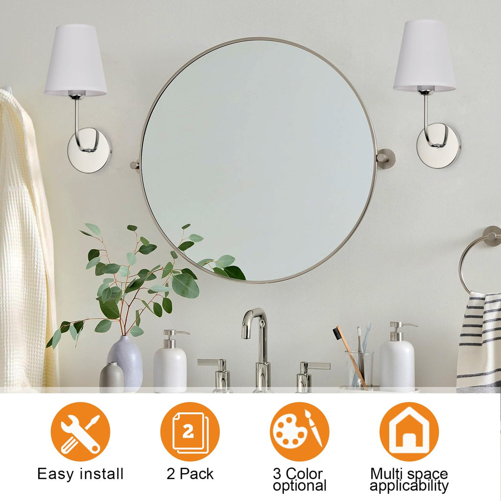 LEECOORA Modern Hardwired Wall Sconces, Set of 2 in Chrome with White Fabric Shades,Farmhouse Light, Living Room, Hallway, Bathroom, Vanity, or Staircase. Sleek, Versatile Lighting