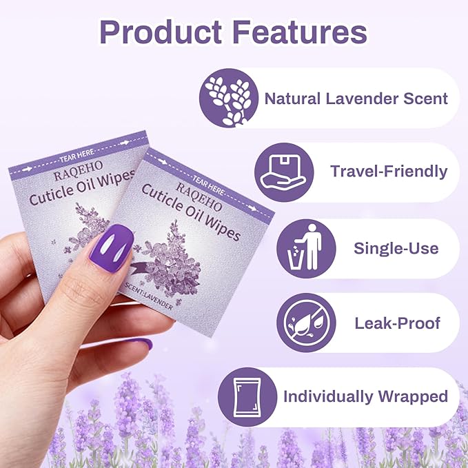 RAQEHO 100pcs Cuticle Oil for Nails - Lavender Nails Oil Wipes Travel Size Cuticle Oil Aceite Para Cuticula for Weak, Dry, Damaged Nail, Hand Care Products, Technician Essentials, Sensitive Skin