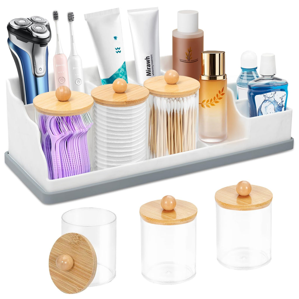 Bathroom Counter Organizer, Large White Silicone Toothbrush Holders for Bathrooms with 3PCS Qtip Holder, Bathroom Organizer Countertop Toothbrush and Toothpaste Holder for Makeup Organizer for Vanity