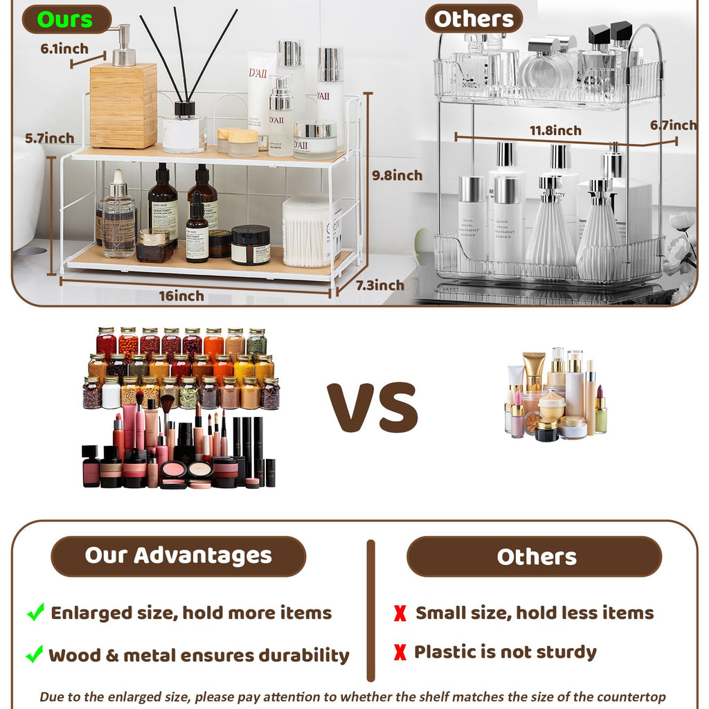 Edergoo Bathroom Counter Organizer 10s Tool-Free Install, 2 Tier Bathroom Organizers and Storage, Collapsible Bathroom Organizer Countertop, Wood Bathroom Kitchen Countertop Organizer, White