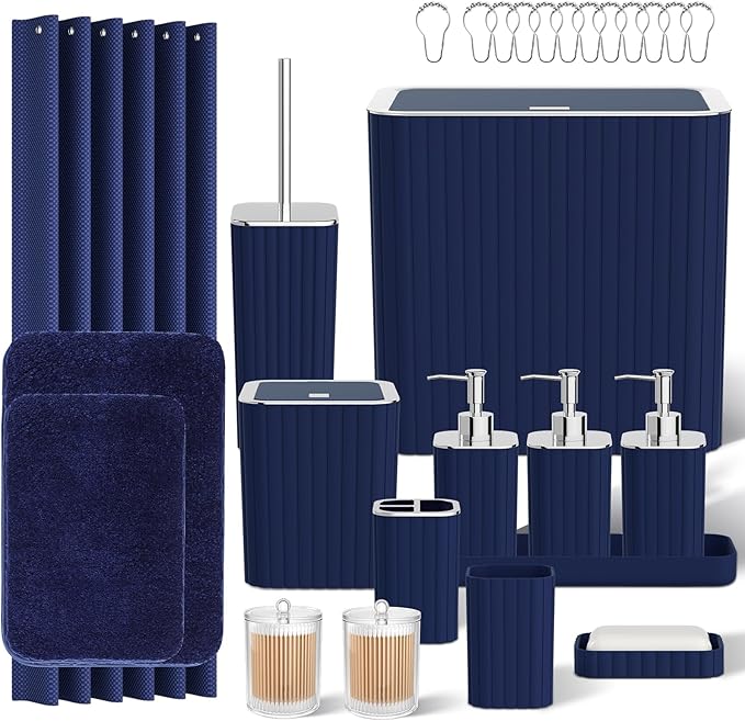 InnJoey Bathroom Accessory Set - Bathroom Set, 27PC Bathroom Accessories Set, White Bathroom Sets with Shower Curtain and Rugs, Mini Trash Can, Toilet Brush, Trash Can & Soap Dispenser
