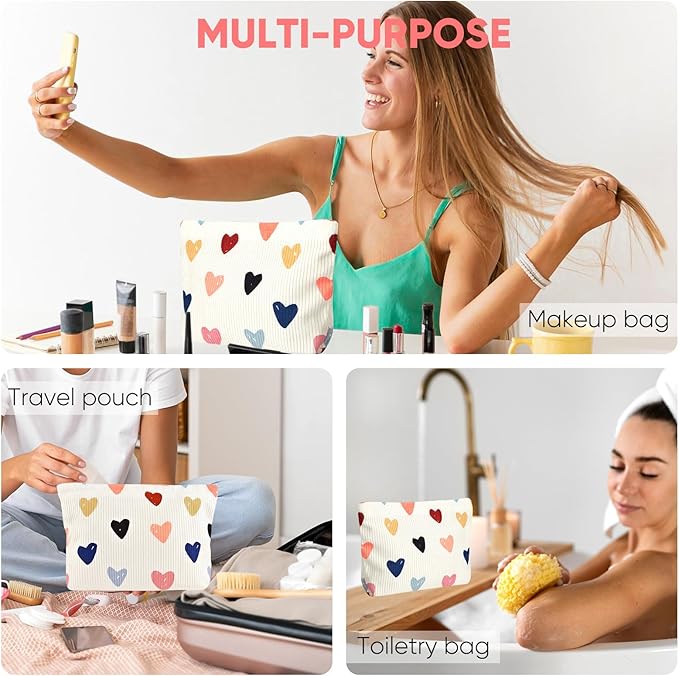 Ksriylm Cute Heart Makeup Pouch for Women Small Make Up Bag for Purse Zipper Initial Makeup Cosmetic Bags Pouches for Purse Aesthetic Travel Toiletry Bags, Colorful Hearts