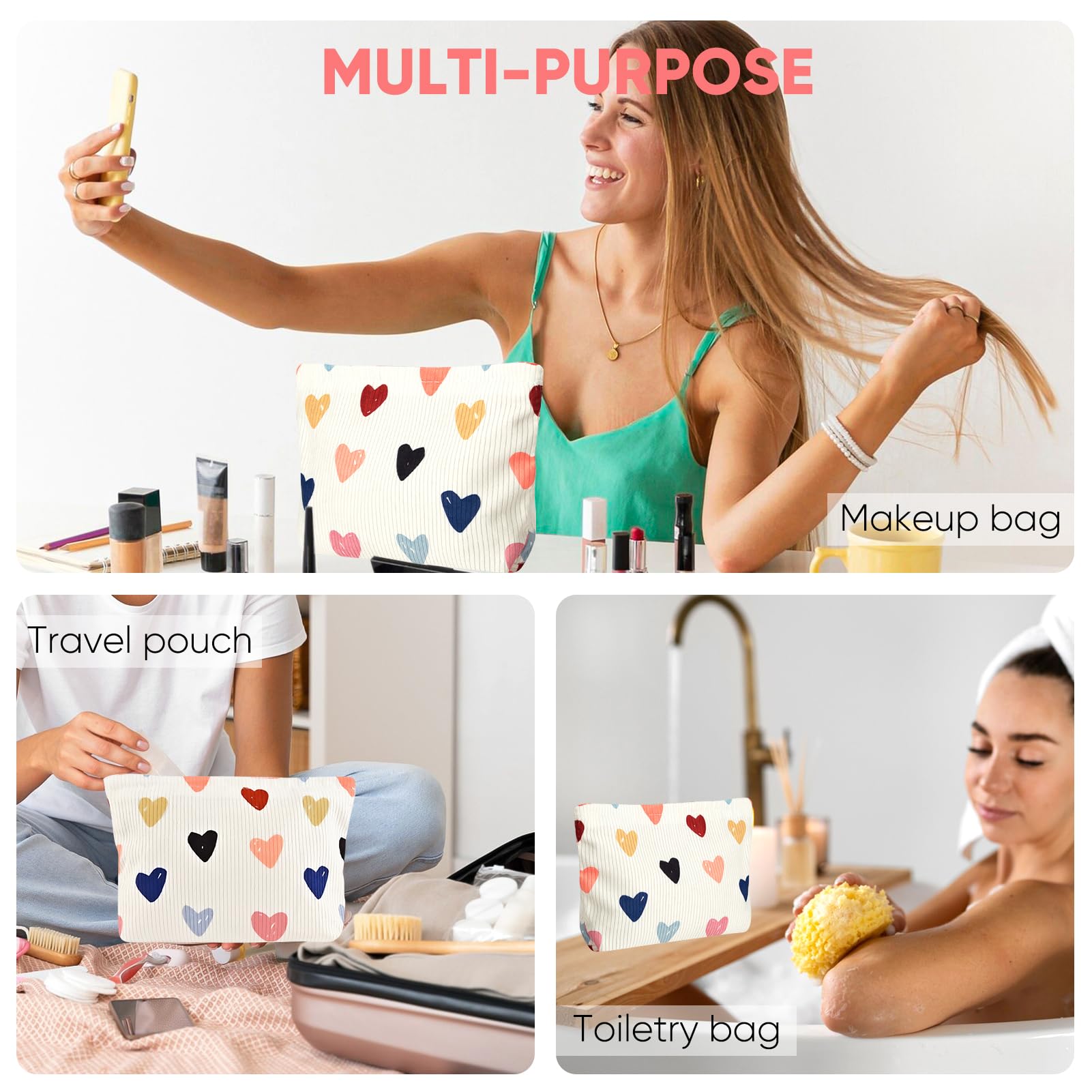 Ksriylm Cute Heart Makeup Pouch for Women Small Make Up Bag for Purse Zipper Initial Makeup Cosmetic Bags Pouches for Purse Aesthetic Travel Toiletry Bags, Colorful Hearts