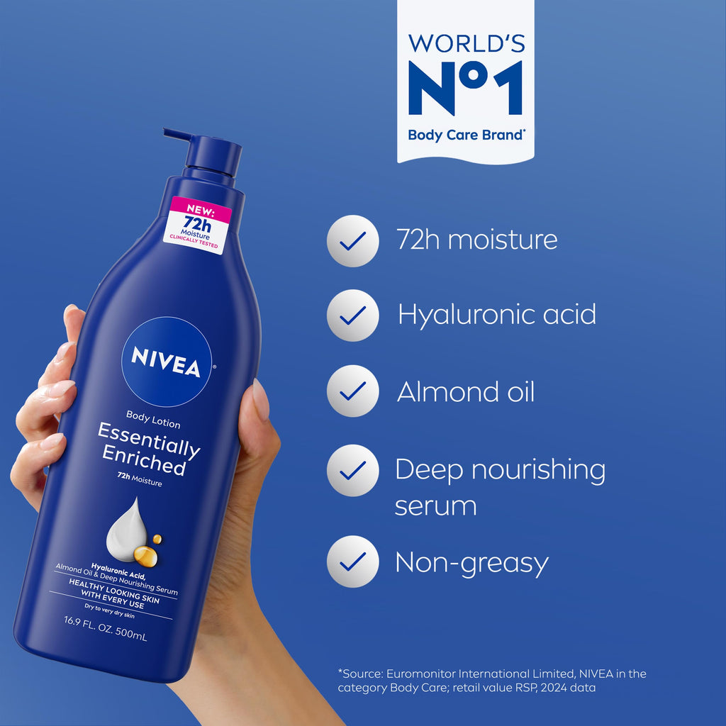 NIVEA Essentially Enriched Body Lotion for Very Dry Skin with Hyaluronic Acid, Almond Oil and Deep Nourishing Serum, 72-Hour Body Moisturizer, 16.9 Fl Oz Pump Bottle, Pack of 2