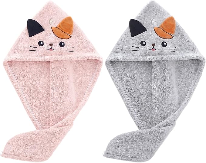 2Pack Microfiber Hair Towel Wrap for Kids, Cute Cat Absorbent Hair Drying Turbans Head Towels for Women Girls (Gray and Light Pink Cat)