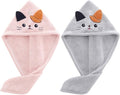 2Pack Microfiber Hair Towel Wrap for Kids, Cute Cat Absorbent Hair Drying Turbans Head Towels for Women Girls (Gray and Light Pink Cat)