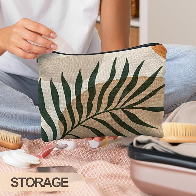 RYYCDOI Abstract Boho Botanical Makeup Bag, Tropical Palm Leaf Cosmetic Bags for Women, Boho Gifts for Women, Minimalist Modern Plant Zipper Makeup Pouch