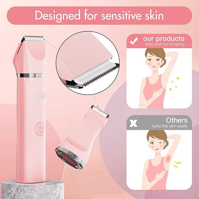 Electric Bikini Trimmer for Women - 2 in 1 Electric Lady Clipper Pubic Hair Groomer Painless Hair Removal Razor Body Shaver, Portable Ladies Shaver with 2 Trimmer Heads, IPX7 Waterproof