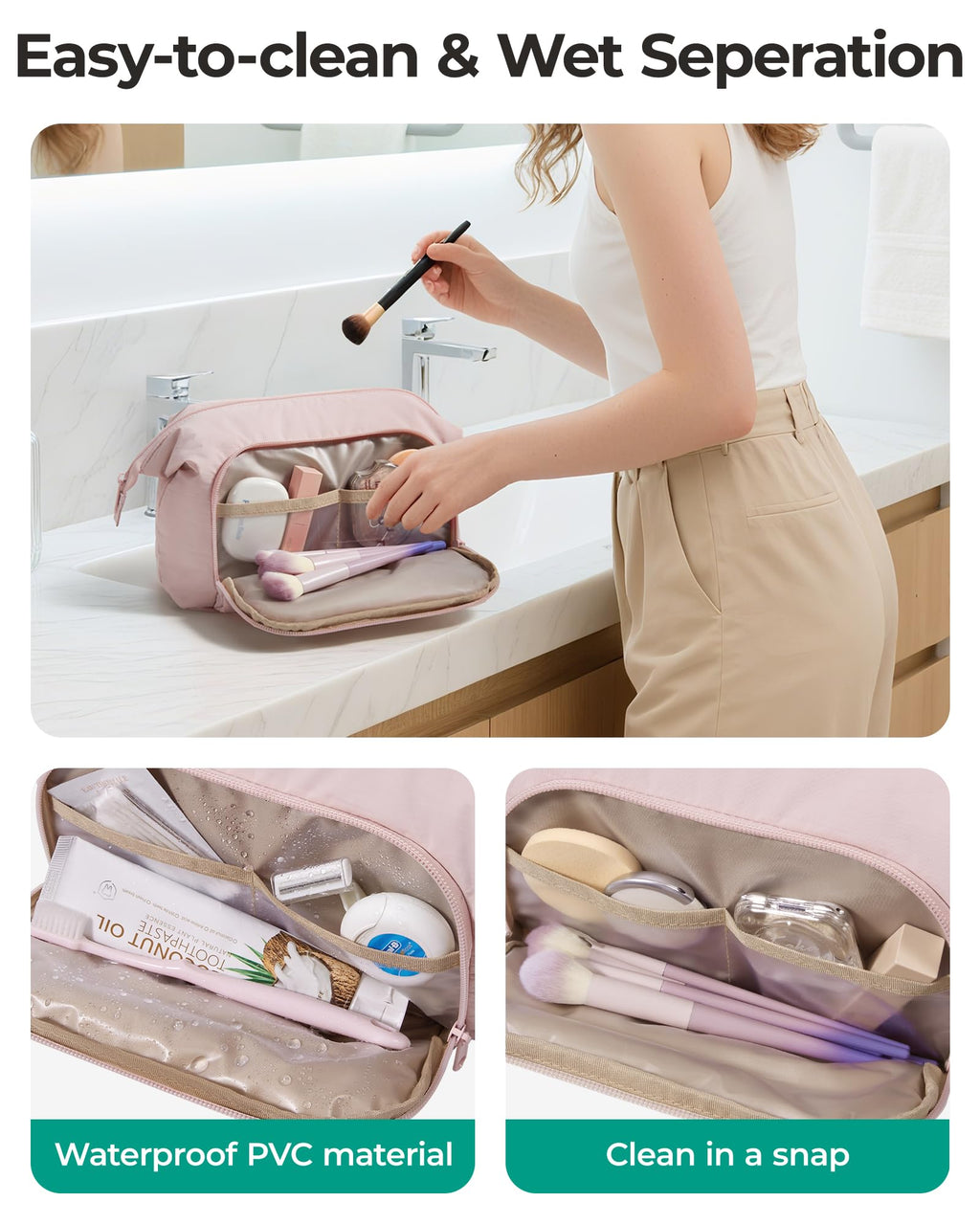 BAGSMART Travel Makeup Bag, Cosmetic Bag Small Make Up Organizer Case,Wide-open Pouch for Women Purse for Toiletries Accessories Brushes,Large Beige