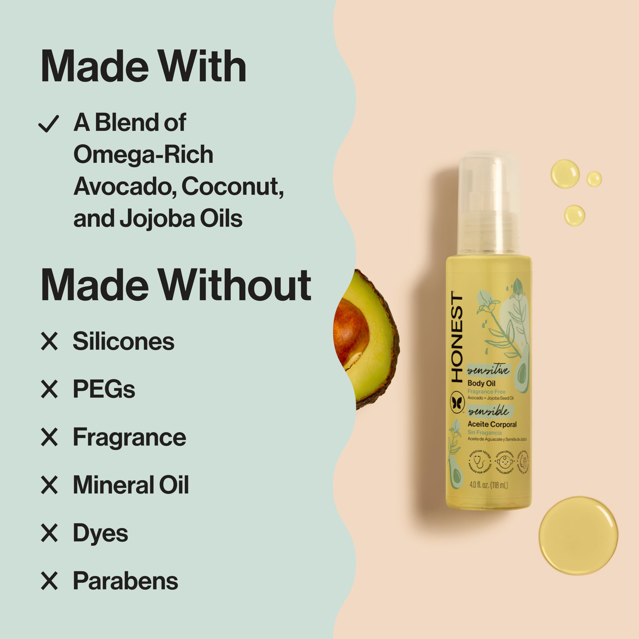 The Honest Company Body Oil, Hypoallergenic, Fragrance-Free, 4.0 fl oz
