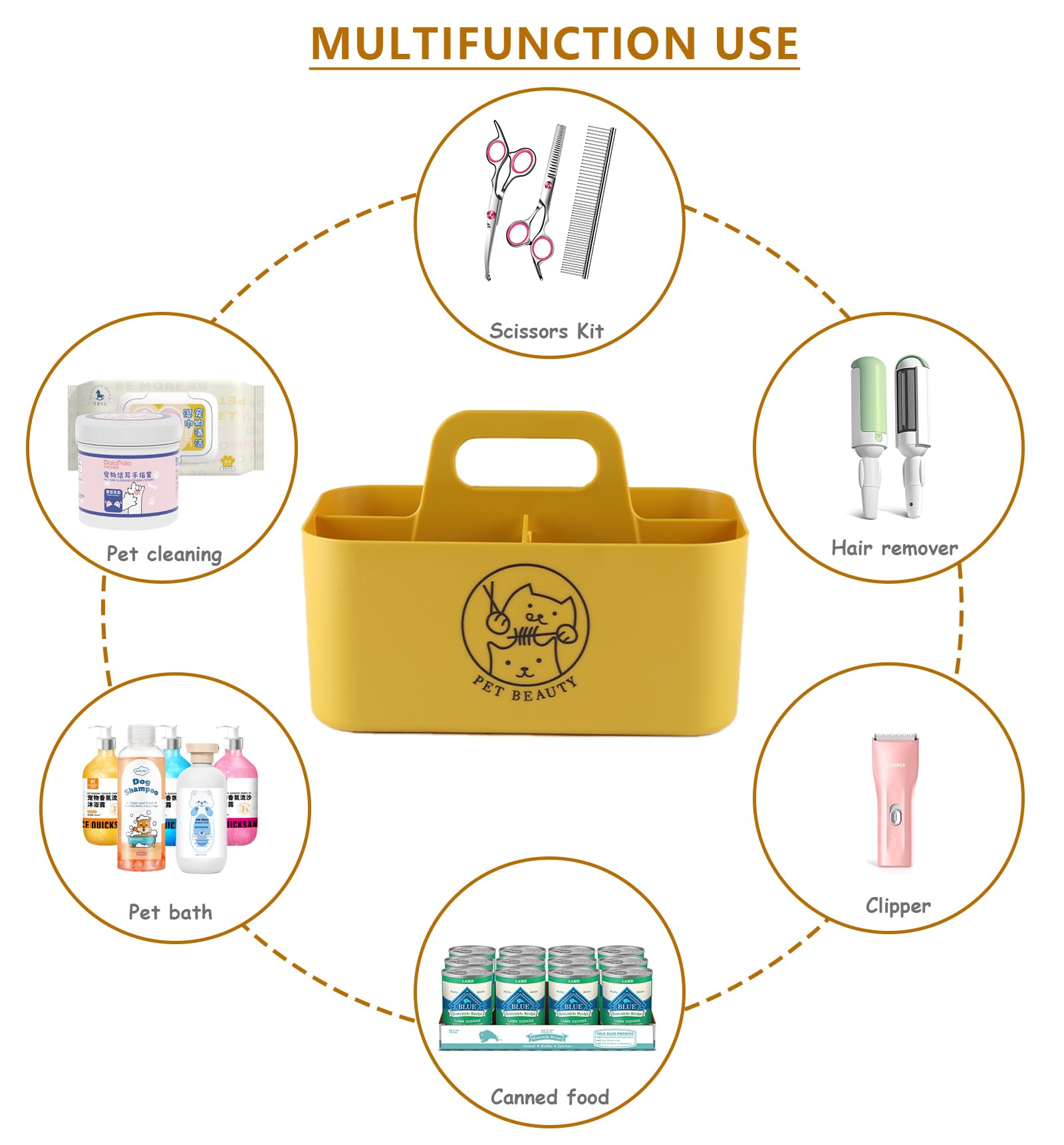 Brabtod Dog Storage Organizer for Grooming Supplies,Portable Caddy Organizer for Pet Stuff,Divided Storage Bin for Dog Cat Grooming Kit,Dog Stuff Organizer with Handle for Shampoo,Clipper,Comb-Yeloow