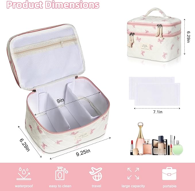 Gosect Makeup Bag, Portable Travel Make up Bag, Large Capacity Quilted Cosmetic Organizer Bag, Cute Floral Toiletry Bag for Women Girls (Pink Bow)
