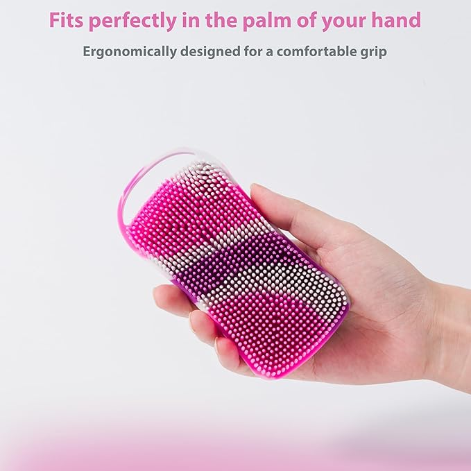 2 PC Silicone Body Scrubber, 2 in 1 Exfoliating Shower Bath Scrubber, Soft Silicone Loofah for Sensitive Skin, Shower Hair Scalp Massager, Easy to Clean, Lather Well (Black&Purple)