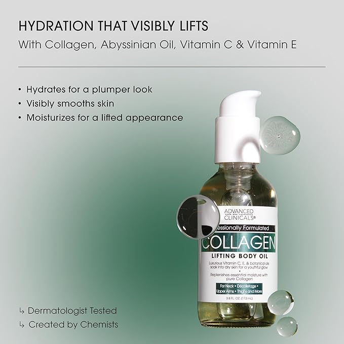 Advanced Clinicals Collagen Body Oil + Vitamin C Brightening Body Oil Moisturizer 2pc Skincare Set - Nourishing, Brightening, & Firming Massage Oil To Improve Look Of Crepe Skin + Dark Spots, 2PC Set