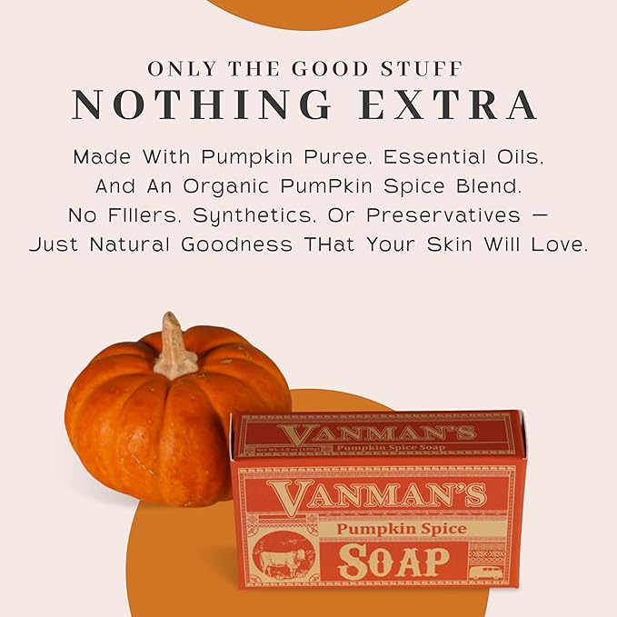 VanMan Pumpkin Spice Body Soap - Grass Fed Finished Suet Beef Tallow & Pumpkin Puree - Nourishing, Hydrating & Moisturizing Natural Bar Soap with Essential Oils - Autumn Scent - 3.8 oz Bar (5 Pack)