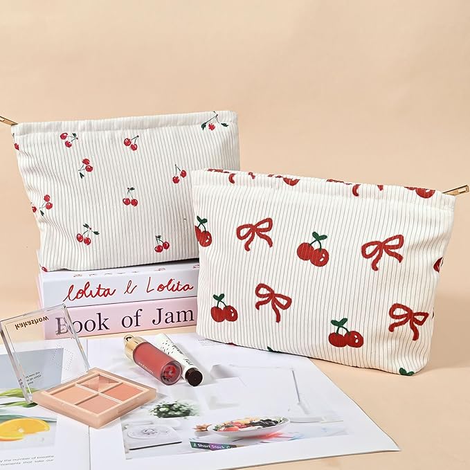 Ksriylm Cute Makeup Pouch for Women Cherries Small Make Up Bag for Purse Zipper Makeup Cosmetic Bags Pouches for Purse Aesthetic Travel Toiletrybags,Red Cherry Cute