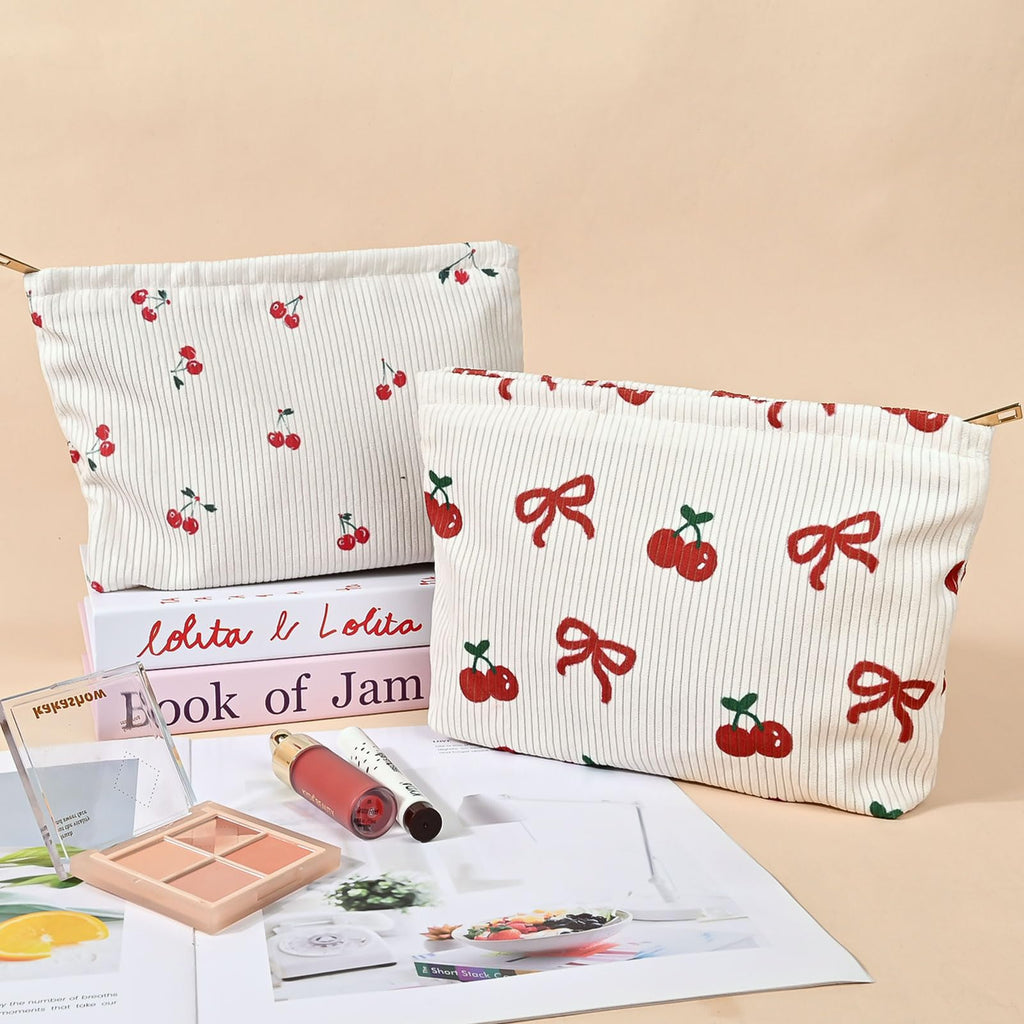 Ksriylm Cute Makeup Pouch for Women Bow Cherry Small Make Up Bag for Purse Zipper Initial Cosmetic Bags Pouches for Purse Aesthetic Travel Toiletrybags,Red Cherries Bows