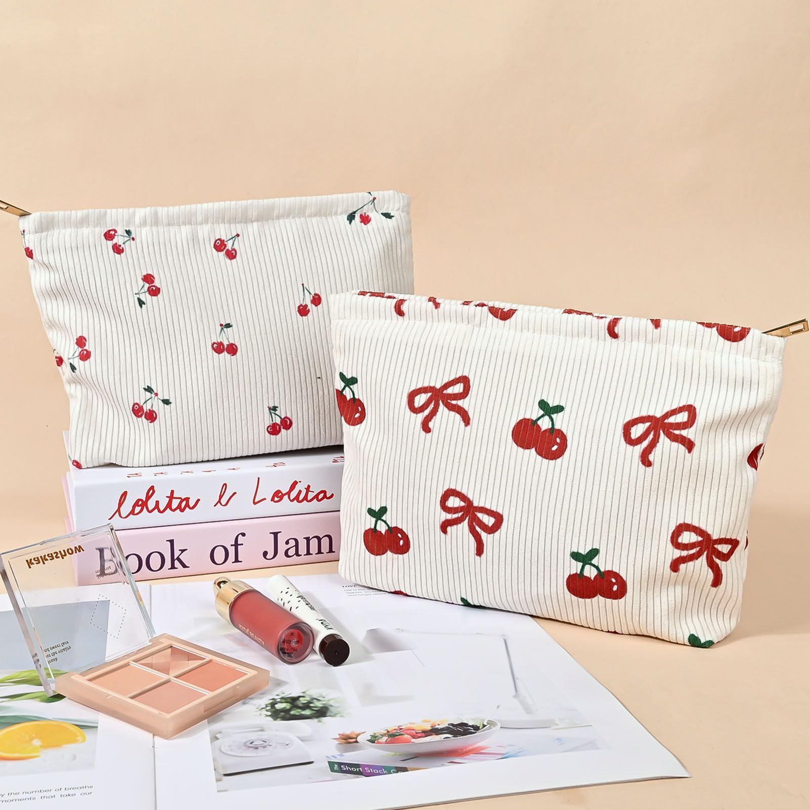 Ksriylm Cute Makeup Pouch for Women Bow Cherry Small Make Up Bag for Purse Zipper Initial Cosmetic Bags Pouches for Purse Aesthetic Travel Toiletrybags,Red Cherries Bows